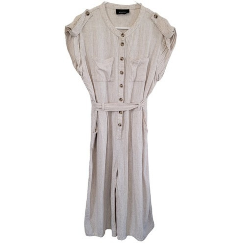 MINKPINK Oatmeal Linen Blend Utility Jumpsuit Wide‎ Leg Button Front Beige Small